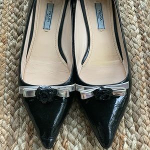 Prada Black Patent Leather Flats, with Black Rose and Silver Bow